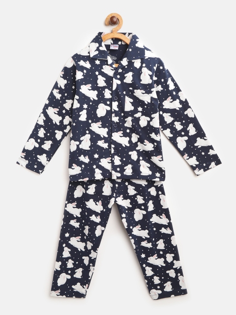 

NAUTI KIDZ Boys Navy Blue & White Bunny & Star Print Pure Cotton Night suit