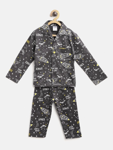 

NAUTI KIDZ Boys Charcoal Grey & White Pure Cotton Printed Night suit