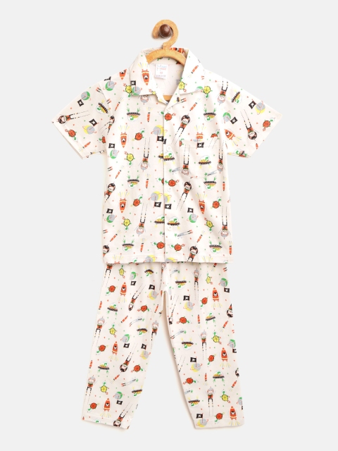 

NAUTI KIDZ Boys Cream-Coloured & Orange Printed Pure Cotton Night suit