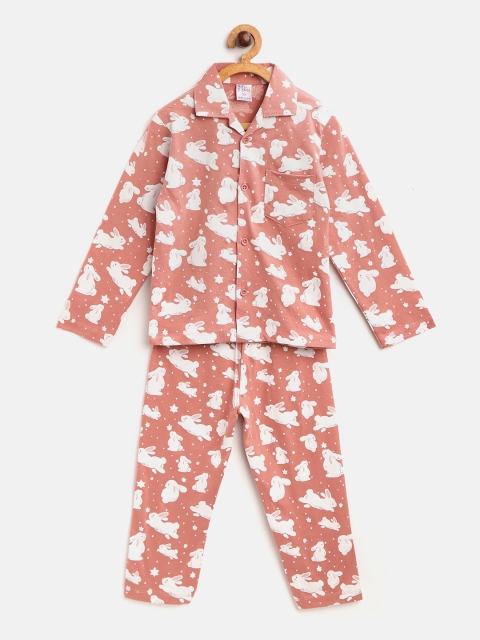 

NAUTI KIDZ Boys Peach-Coloured & White Bunny & Star Print Pure Cotton Night suit