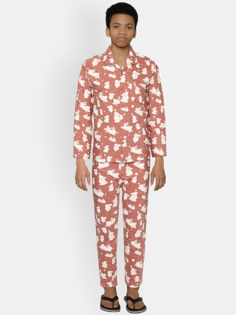 

NAUTI KIDZ Boys Peach-Coloured & White Pure Cotton Rabbit Print Night Suit