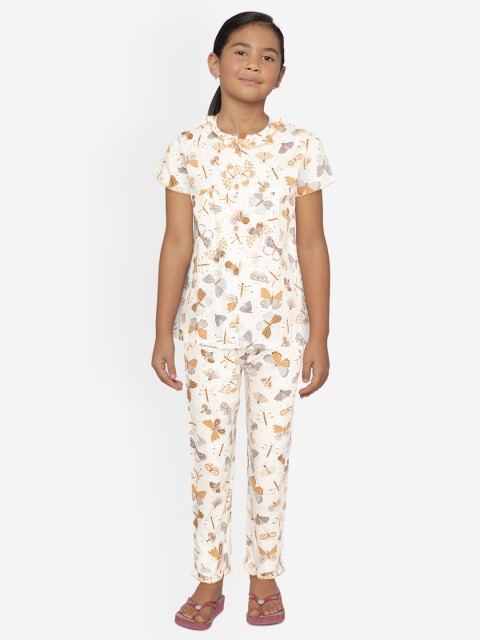 

NAUTI KIDZ Girls White & Grey Butterfly Print Pure Cotton Night suit