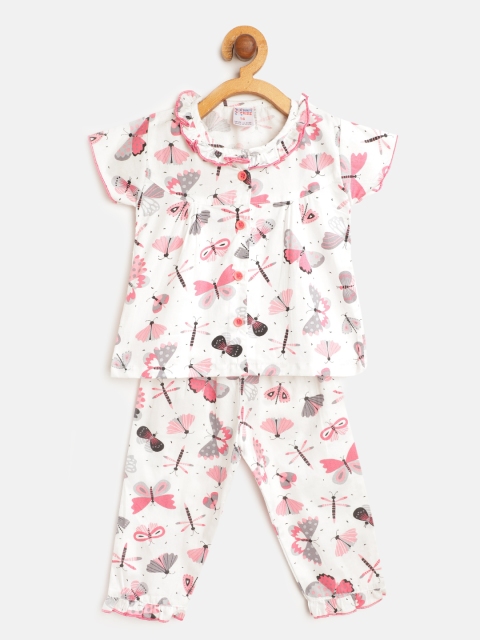 

NAUTI KIDZ Girls White & Pink Pure Cotton Butterfly Printed Night Suit