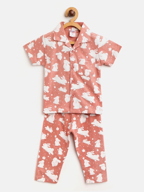 

NAUTI KIDZ Boys Peach-Coloured & White Pure Cotton Rabbit Print Night Suit