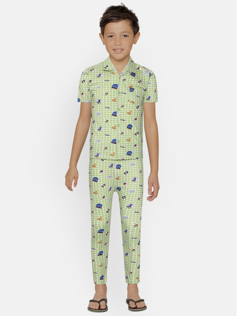 

NAUTI KIDZ Boys Green & White Checked & Typography Print Pure Cotton Night suit