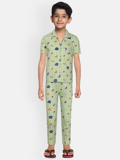

NAUTI KIDZ Boys Mint Green & White Checks with Print Pure Cotton Night suit