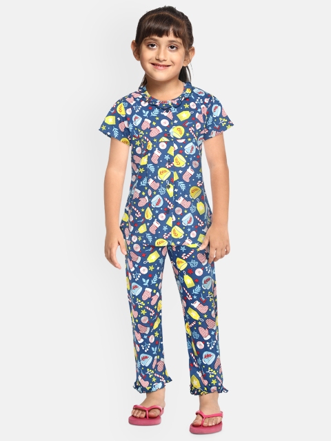 

NAUTI KIDZ Girls Blue & Yellow Pure Cotton Conversational Printed Night Suit