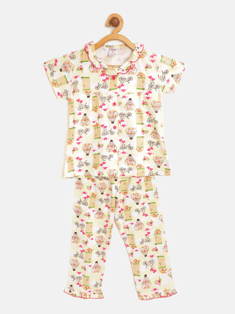

NAUTI KIDZ Girls Cream-Coloured & Pink Conversational Print Pure Cotton Night suit