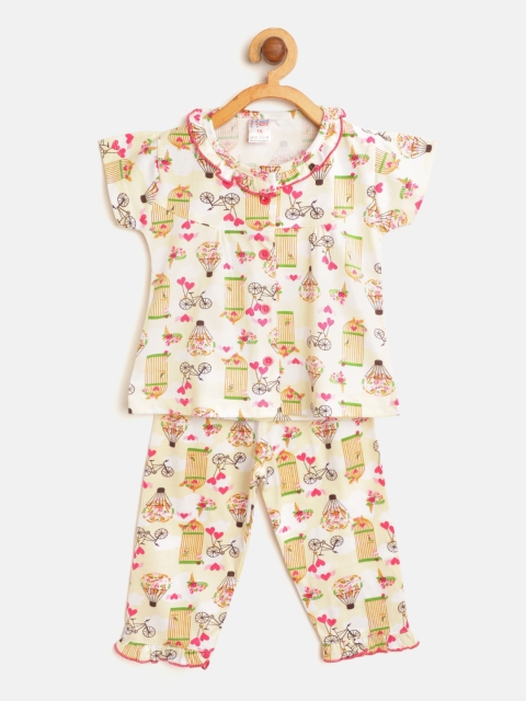 

NAUTI KIDZ Girls Cream-Coloured & Pink Conversational Print Pure Cotton Night suit