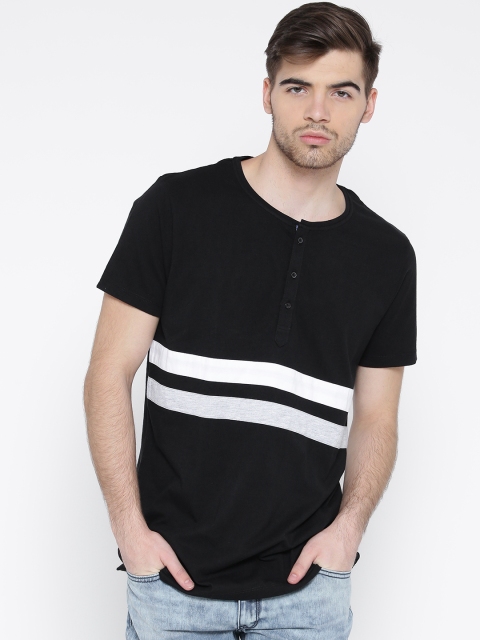 

MR BUTTON Black Striped Structured Fit Henley T-shirt