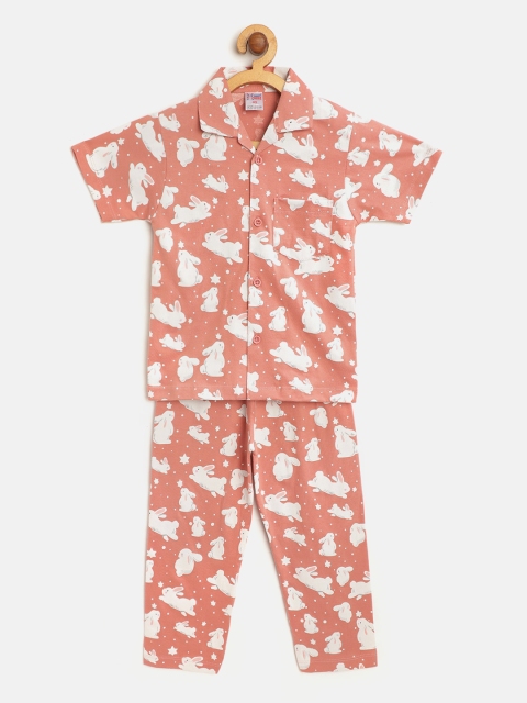 

NAUTI KIDZ Boys Peach-Coloured & White Rabbit Print Pure Cotton Night suit
