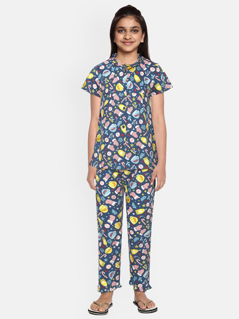 

NAUTI KIDZ Girls Blue & Yellow Pure Cotton Conversational Printed Night Suit