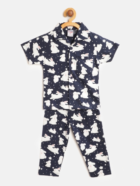 

NAUTI KIDZ Boys Navy Blue & White Rabbit Print Pure Cotton Night suit