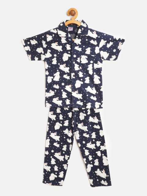 

NAUTI KIDZ Boys Navy Blue & White Rabbit Print Pure Cotton Night suit