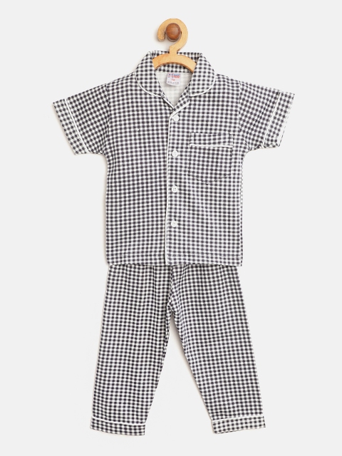 

NAUTI KIDZ Boys Navy Blue & White Checked Pure Cotton Night Suit
