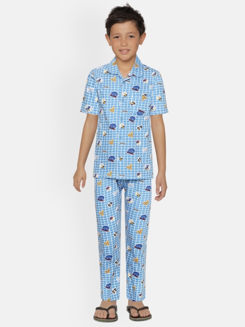 

NAUTI KIDZ Boys Blue & White Checks with Print Pure Cotton Night suit