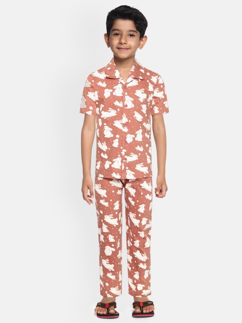 

NAUTI KIDZ Boys Peach-Coloured & White Rabbit Print Pure Cotton Night suit