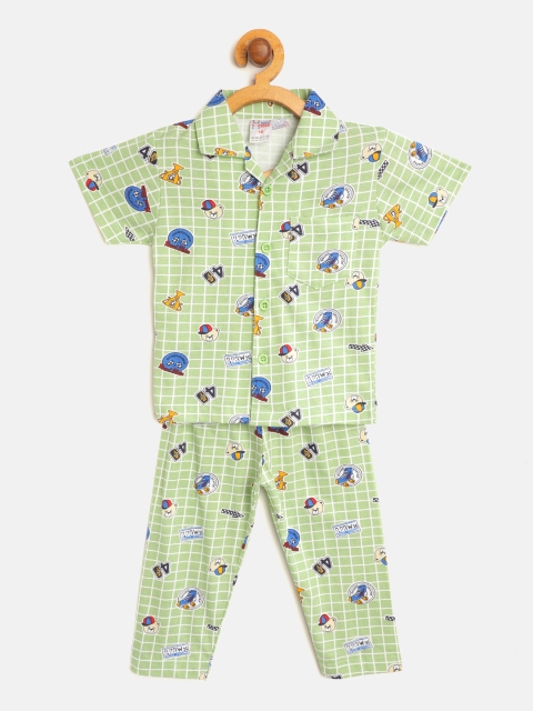

NAUTI KIDZ Boys Green & White Checked Pure Cotton Night suit