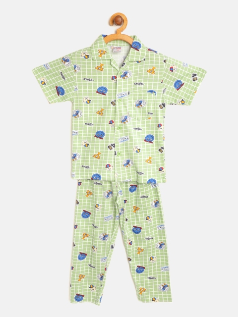 

NAUTI KIDZ Boys Green & White Checked Pure Cotton Night suit