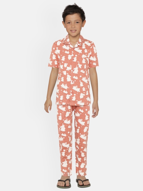 

NAUTI KIDZ Boys Peach-Coloured & White Bunny & Star Print Pure Cotton Night suit