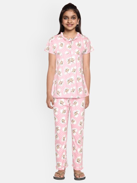 

NAUTI KIDZ Girls Pink & White Pure Cotton Floral Print Night suit