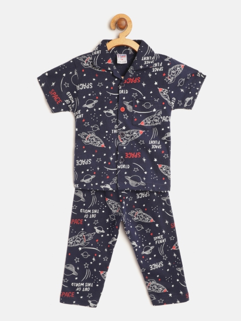 

NAUTI KIDZ Boys Navy Blue & White Space Print Pure Cotton Night suit