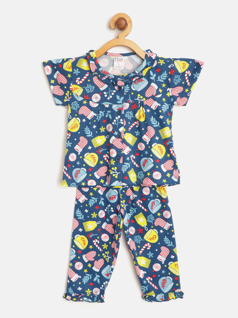 

NAUTI KIDZ Girls Blue & Yellow Pure Cotton Conversational Printed Night Suit