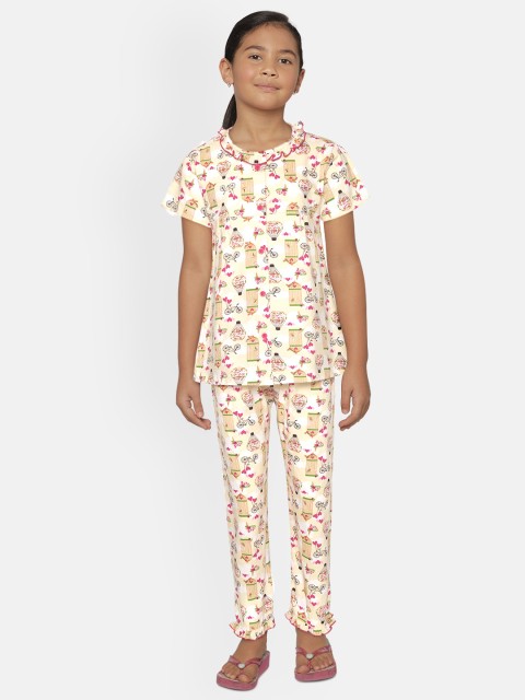 

NAUTI KIDZ Girls Cream-Coloured & Pink Pure Cotton Conversational Printed Night Suit