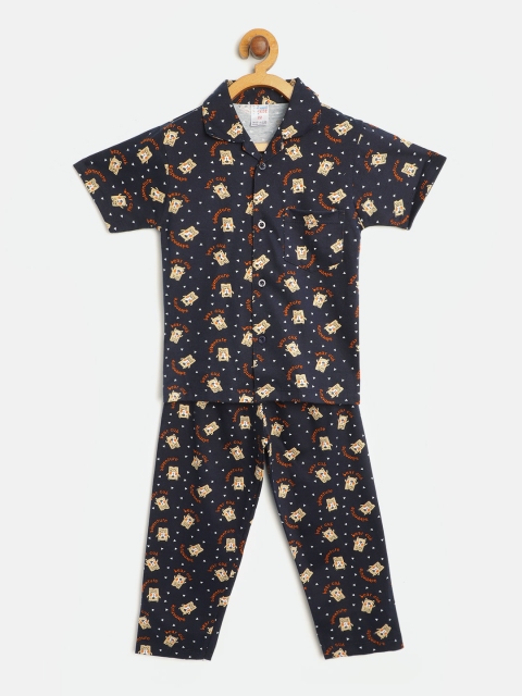 

NAUTI KIDZ Boys Navy Blue & Beige Bear & Typography Print Pure Cotton Night suit