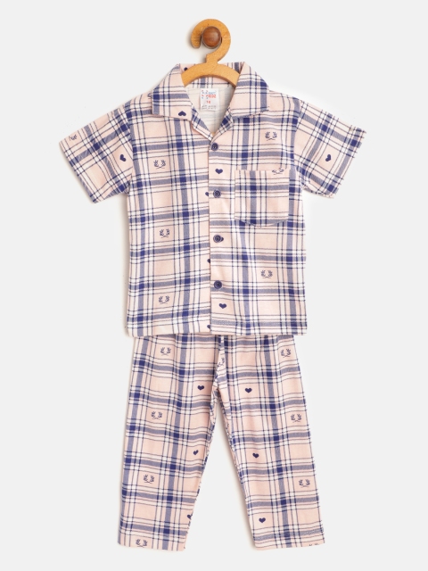 

NAUTI KIDZ Boys Pink & Blue Checked & Heart-Shaped Print Pure Cotton Night suit