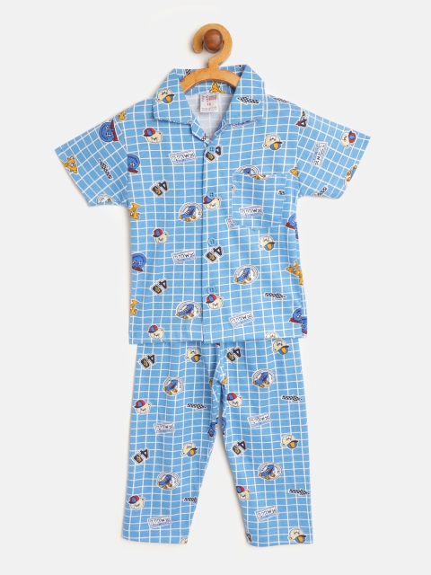 

NAUTI KIDZ Boys Blue & White Pure Cotton Checked Night Suit with Printed Detail