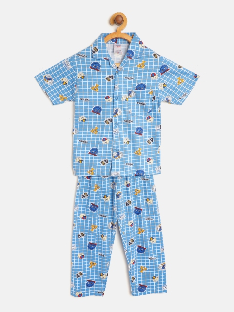 

NAUTI KIDZ Boys Blue & White Pure Cotton Checked Night Suit with Printed Detail