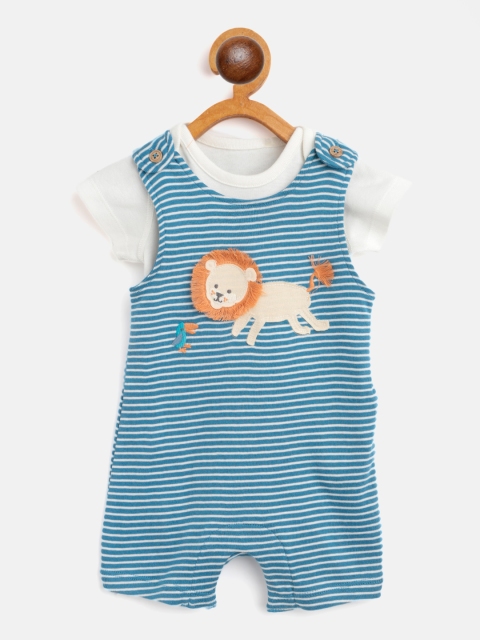 

Marks & Spencer Infant Kids Blue & White Solid Cotton Bodysuit with Rompers
