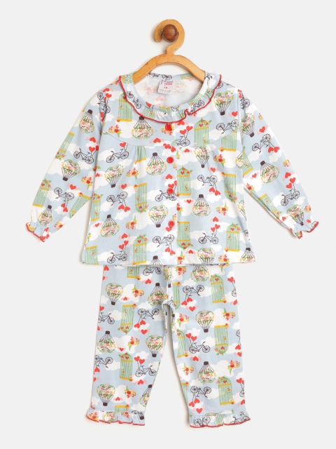 

NAUTI KIDZ Girls Blue & White Pure Cotton Printed Night suit