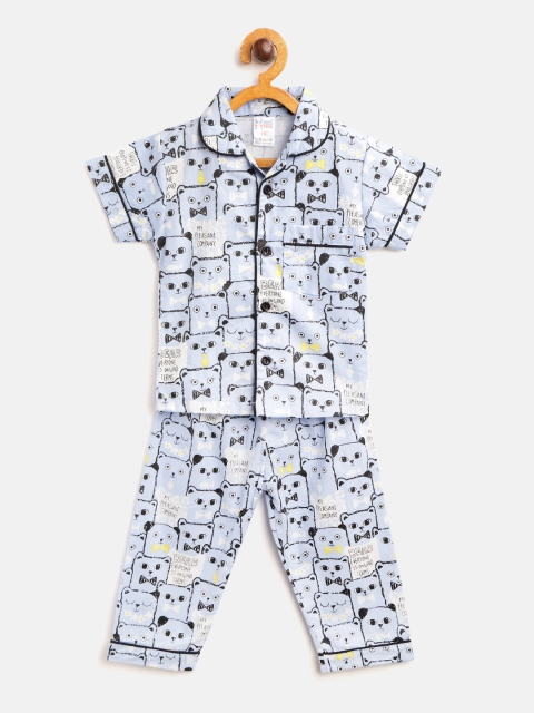 

NAUTI KIDZ Boys Blue & White Cats Print Pure Cotton Night Suit