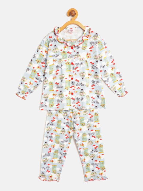 

NAUTI KIDZ Girls Blue & White Pure Cotton Printed Night suit