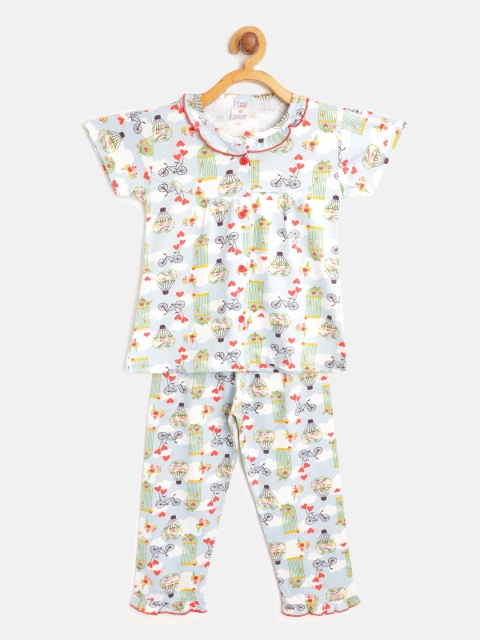 

NAUTI KIDZ Girls Blue & White Pure Cotton Printed Night suit
