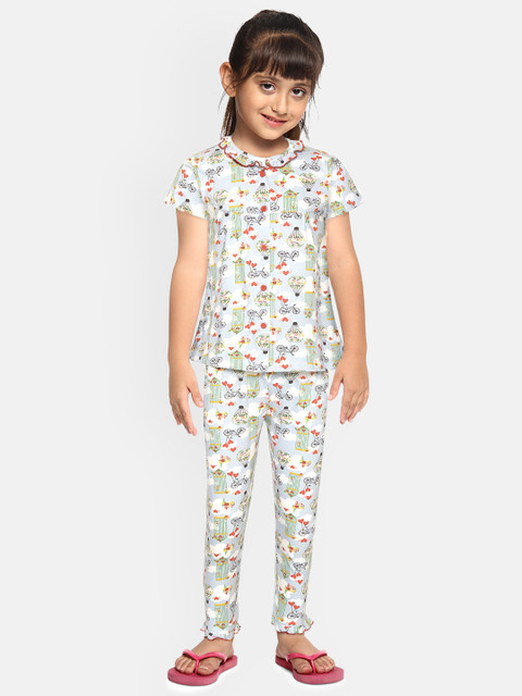 

NAUTI KIDZ Girls Blue & White Pure Cotton Printed Night suit