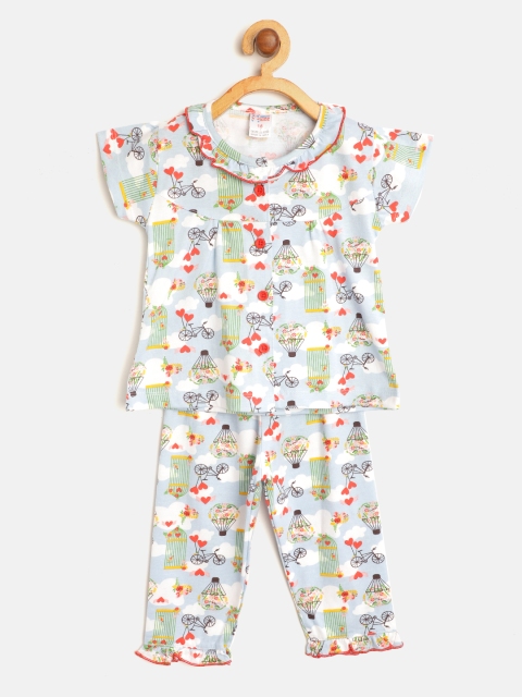 

NAUTI KIDZ Girls Blue & White Pure Cotton Conversational Printed Night Suit