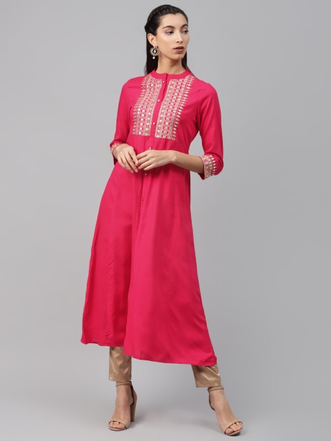 

MISRI Women Pink Yoke Design Mirror-Work Kurta