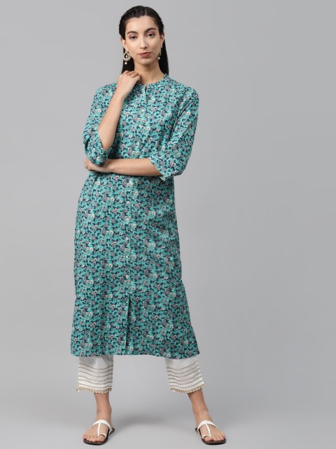 

MISRI Women Green & Grey Floral Printed Floral Kurta
