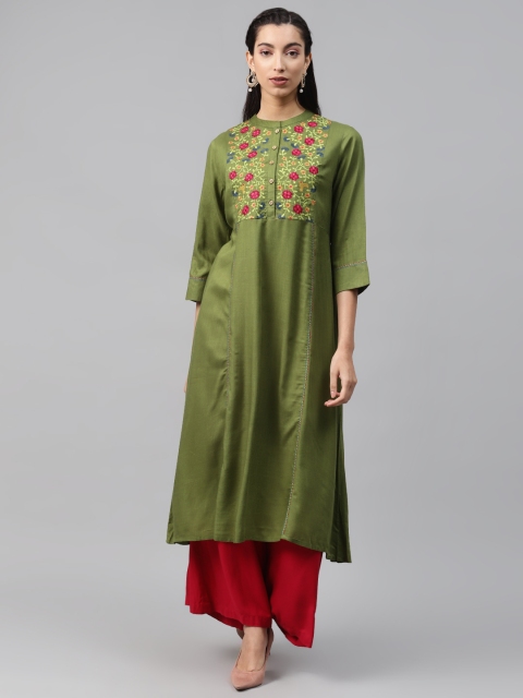 

MISRI Women Green Floral Yoke Design Thread Work Kurta