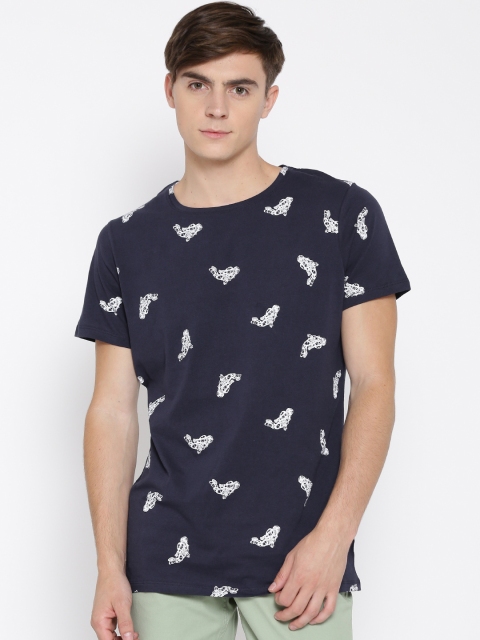 

MR BUTTON Navy Printed Structured Fit T-shirt, Navy blue