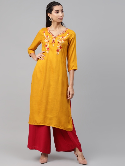 

MISRI Women Mustard Yellow Floral Yoke Design Thread Work Floral Kurta