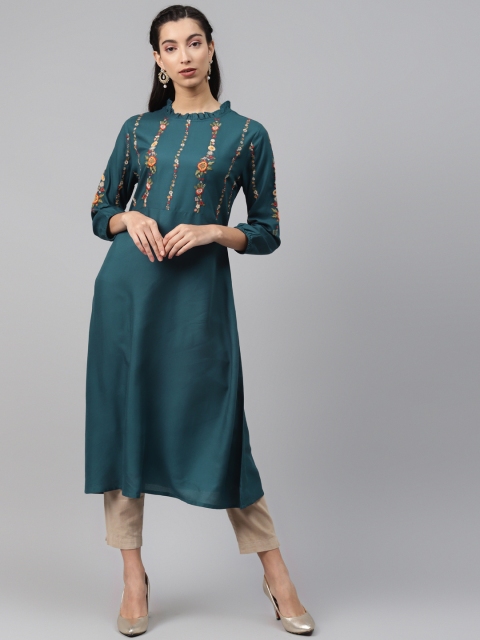 

MISRI Women Teal Green Ethnic Motifs Embroidered Thread Work Kurta