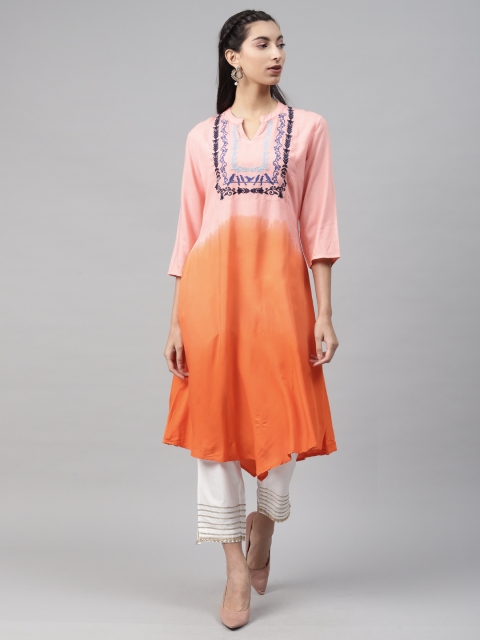 

MISRI Women Peach-Coloured & Orange Dyed Thread Work Kurta