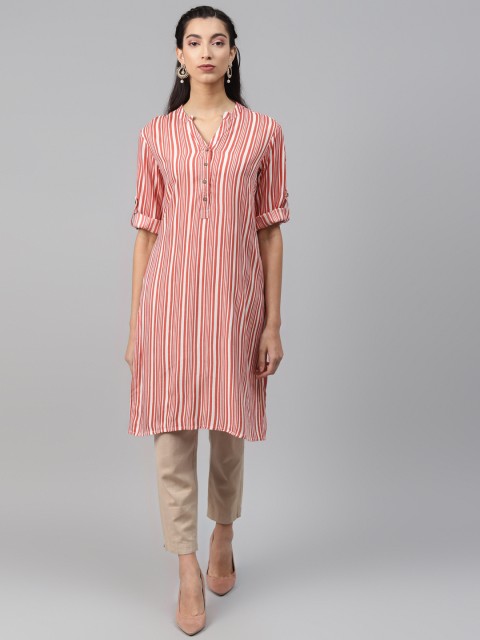 

MISRI Women Red & Off White Striped Kurta