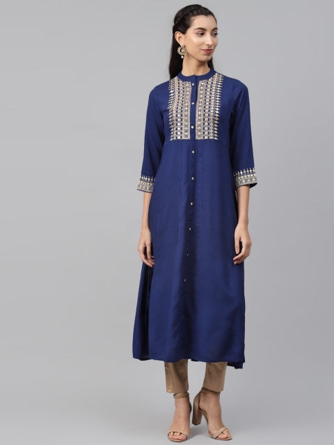 

MISRI Women Blue Yoke Design Mirror-Work Kurta