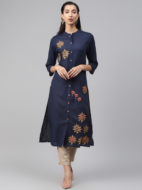 

MISRI Women Navy Pure Cotton Floral Embroidered Thread Work Kurta, Navy blue