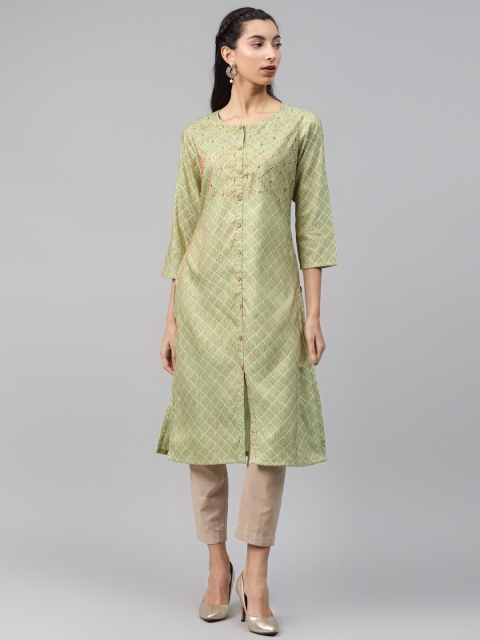 

MISRI Women Green & Red Handwork Checked Kurta